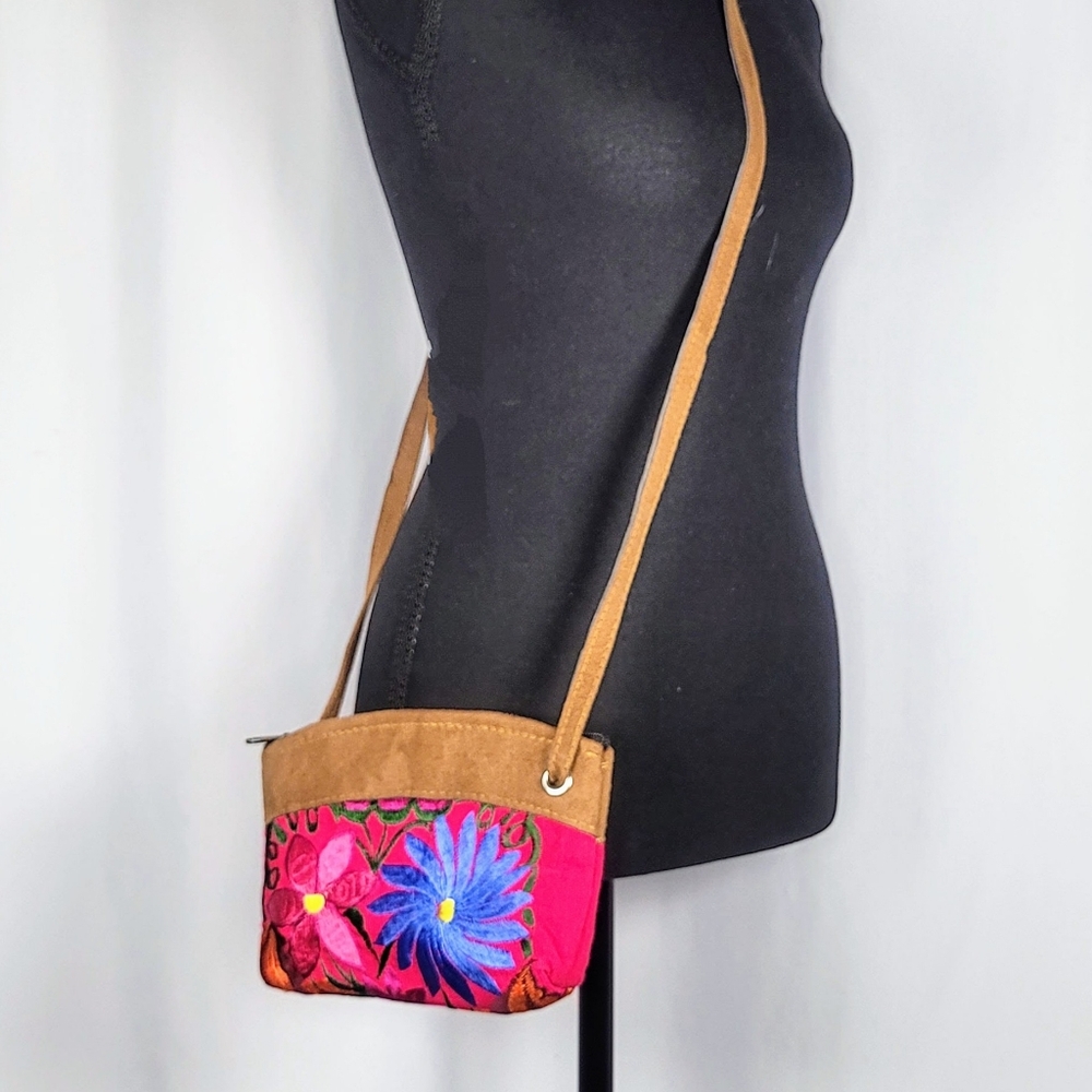 Embroidered Floral Crossbody Bag Boho Pink Small Shoulder Purse Artisan Style - Picture 4 of 8